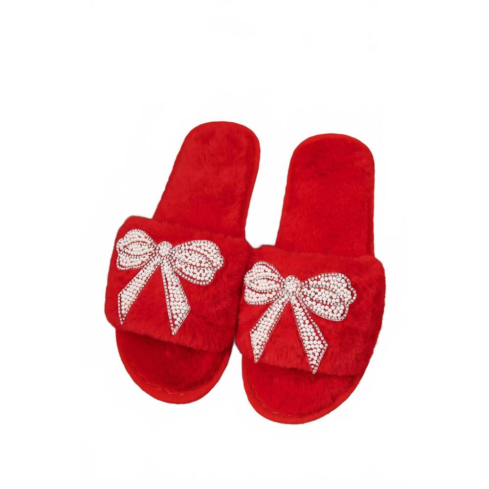 NEW 1 THE WOMAN women's plush rhinestone bow slippers in red